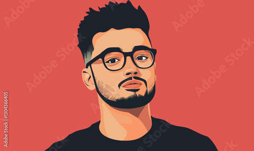 Modern Minimalist Flat Vector Portrait of a Man with Glasses on Red Background
