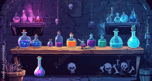 Enchanted Alchemist's Lab with Potions and Skulls in a Mystical Stone Hideout