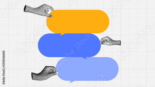 halftone collage, Digital communication concept with speech bubbles and interactive hands. chat apps, messaging platforms, social media, and online conversations