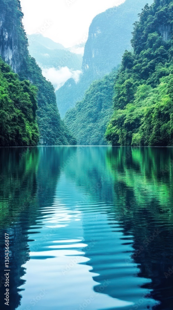 Lush green mountains flanking serene water on a beautiful day Lush green mountains flanking serene water on a beautiful day