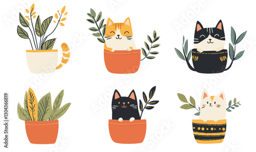 Cute Kittens in Flower Pots with House Plants Vector Art for Postcards and Stickers
