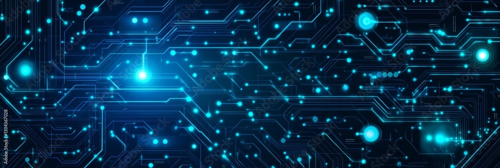 Obraz premium Futuristic Blue Circuit Board With Glowing Lines And Dots On A Dark Background, Technology Concept