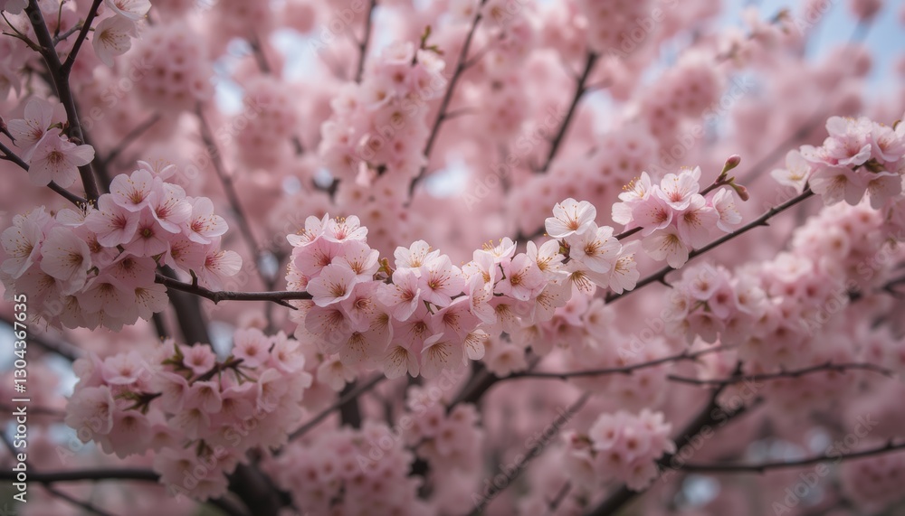 Fototapeta premium Abundant Pink Cherry Blossoms on a Tree Branch