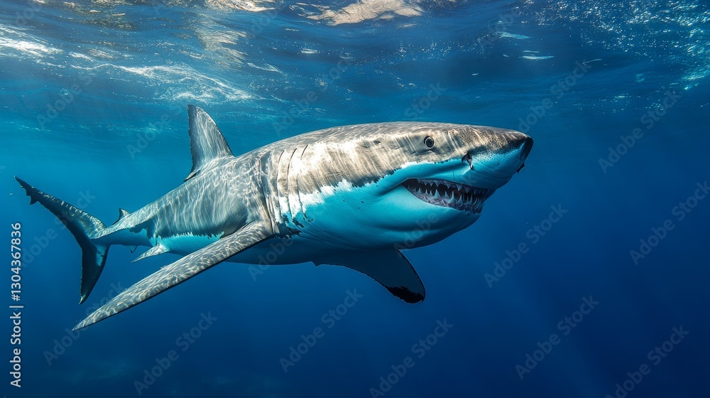 Fototapeta premium Colossal White Shark Swimming in Turquoise Ocean Depths