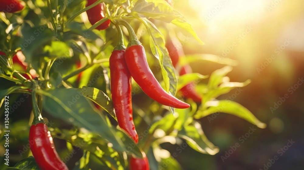 Vibrant Red Chili Peppers on the Vine in Sunlight Vibrant Red Chili Peppers on the Vine in Sunlight