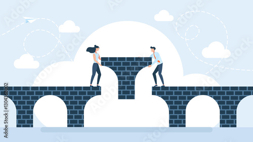 A couple of man and woman is finishing to build a bridge putting the piece. Relationship Gap, Negotiation and Agreement. Building relationship. Connect the two sides of the bridge. Flat illustration