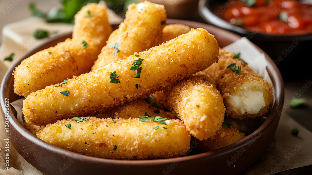 Crispy mozzarella sticks with a golden brown coating, complemented by a tangy sweet and sour sauce for an extra kick. Crispy mozzarella sticks with a golden brown coating, complemented by a tangy sweet and sour sauce for an extra kick.