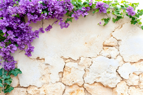 Purple flowers climbing a stone wall