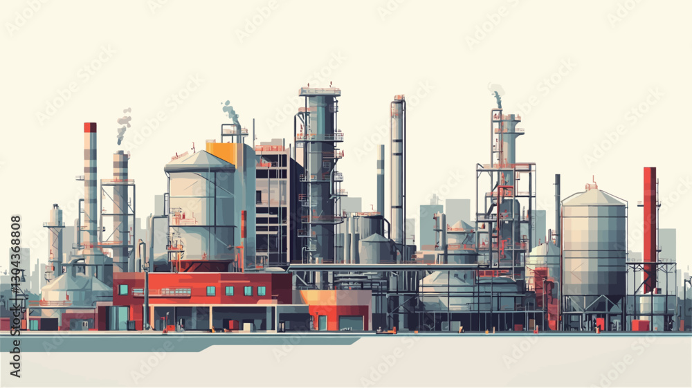 Obraz premium A digital illustration depicting a sprawling industrial complex against a white background. The illustration features numerous buildings, tall towers, pipes, and storage tanks of varying