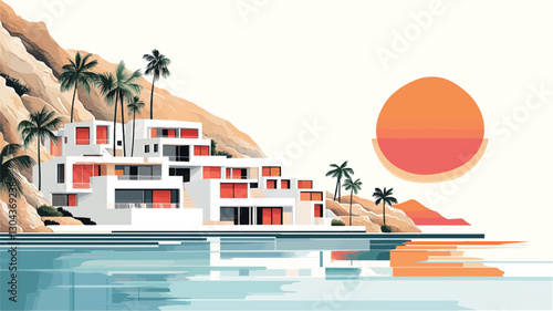 A digital illustration depicts a cluster of modern, white buildings with orange accents situated on a rocky coastline. Palm trees are visible on the hillside behind the buildings. The ocean
