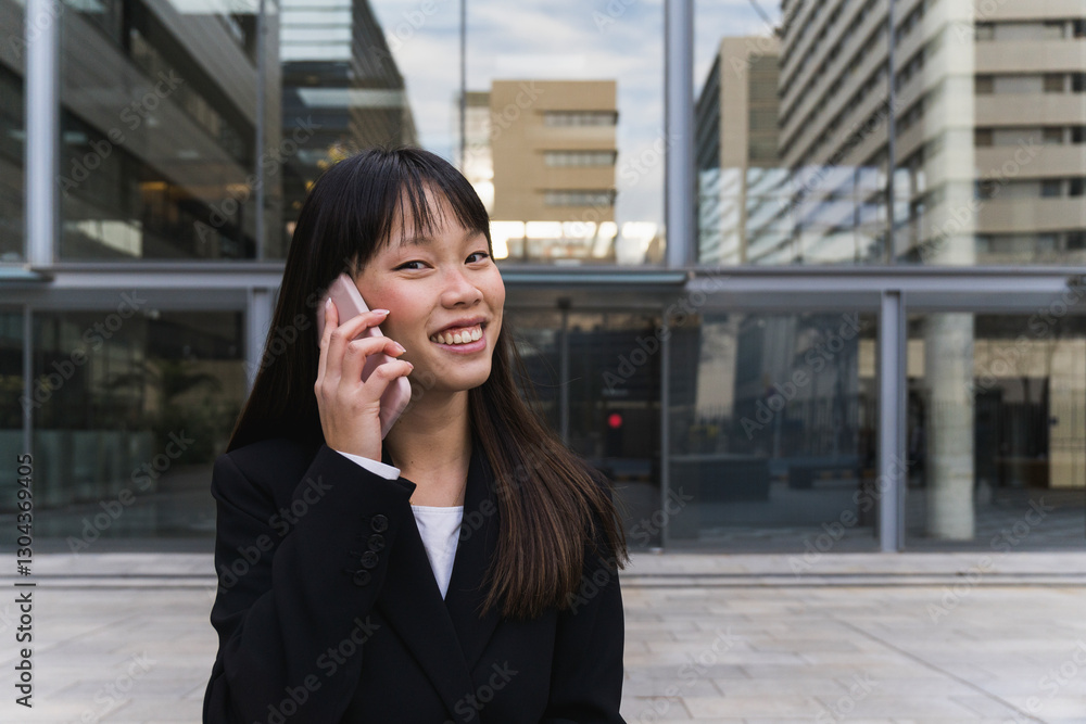 Asian businesswoman talking on the phone in front of office buildings Asian businesswoman talking on the phone in front of office buildings