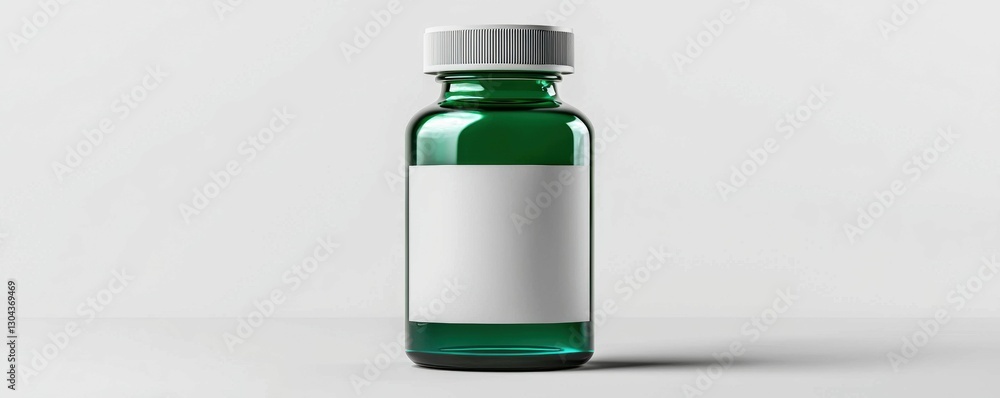Obraz premium Green Glass Bottle with Blank Label for Health or Medicine Product Display and Marketing Mockup
