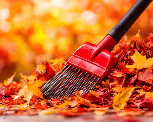 Wallpaper Mural Red broom sweeps autumn leaves outdoors Torontodigital.ca