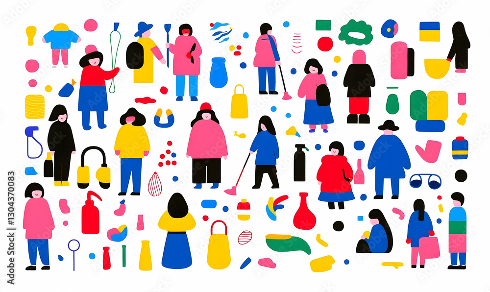 Colorful Abstract Illustration of Diverse People and Objects in Action Colorful Abstract Illustration of Diverse People and Objects in Action