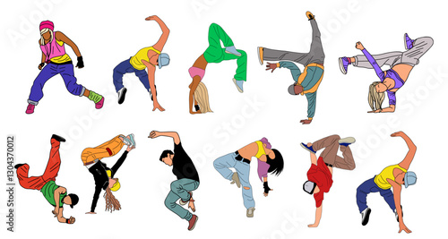Set of breakdance dancers. Young cool girl and boy dancing street dance, hip hop in bright modern clothes. Cartoon female, male teenager characters vector illustration isolated