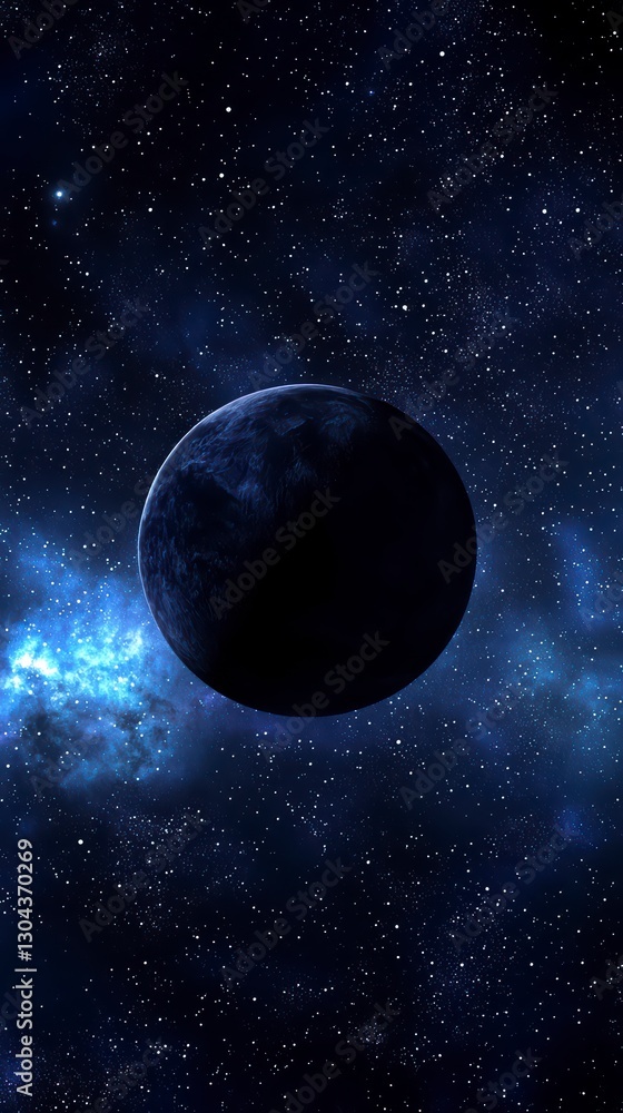 Obraz premium Celestial Solitude: A solitary, dark planet looms in the vastness of space, surrounded by a nebula and myriad stars, creating a sense of cosmic mystery and wonder.