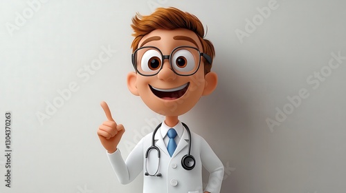Cheerful cartoon doctor points, light background