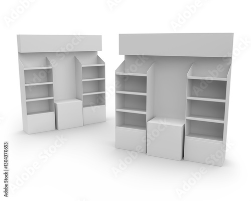 Supermarket Promotional Display With Header, Empty Product Display, PDQ Floor Stand Display Ideal for Exhibitions, Stores, Event. Unique Shelf Design. POS, Point of Sale. 3D Render Illustration.