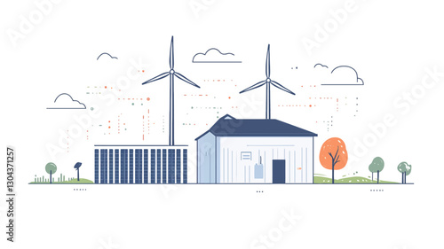 A minimalist vector illustration depicting a small house with a dark blue roof, situated next to a dark blue storage container or shed.  Two wind turbines are positioned behind the house