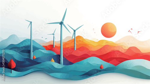 The image is a digital illustration or rendering depicting a stylized landscape with several wind turbines. The style resembles paper art or a similar technique, with smooth, layered
