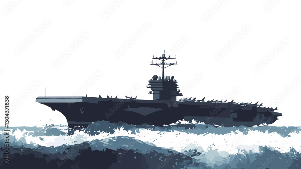 Fototapeta premium A stylized illustration depicting an aircraft carrier sailing on a choppy sea. The image is rendered in shades of blue and grey, suggesting a watercolor or painterly technique. The carrier