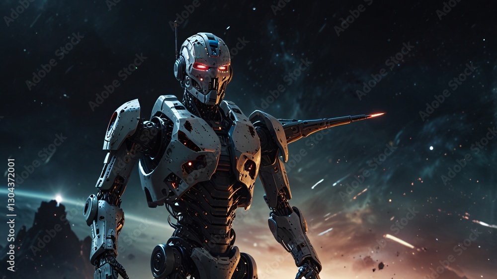 Fototapeta premium Battle-Damaged Robot Warrior in Space – Sci-Fi Combat Scene