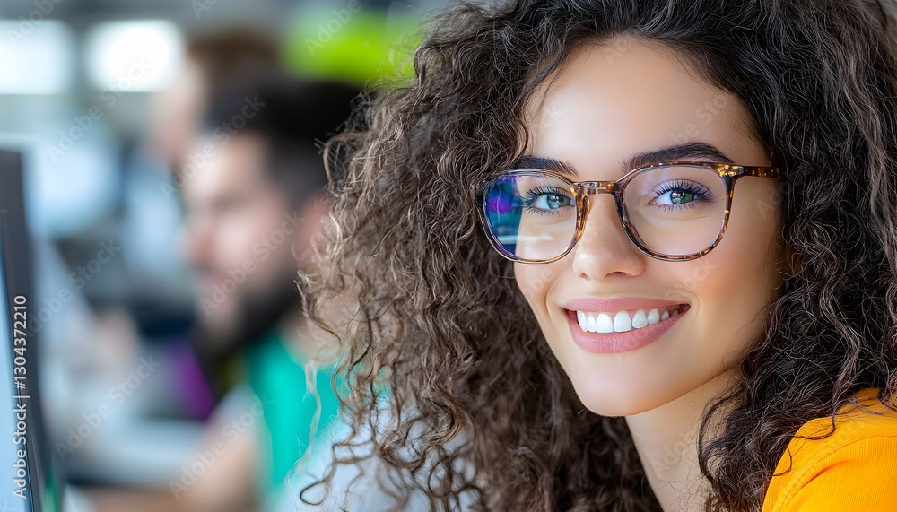 Smiling woman, office, colleagues, workday Smiling woman, office, colleagues, workday