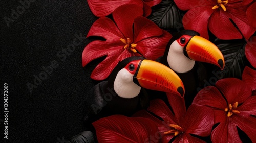 Tropical Toucans Amidst Crimson Foliage and Deep Black Backdrop Artistic Arrangement Nature Theme photo