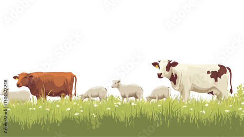 A digital illustration depicting a horizontal line of farm animals against a background of a green meadow.  The animals include a brown cow, a pied cow (black and white), and several