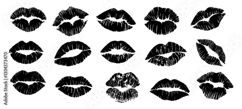Set of Lipstick kiss print silhouettes. Different shapes female sexy lips. Lips makeup. Female mouth. Imprint of lips kiss vector black outline illustrations isolated 