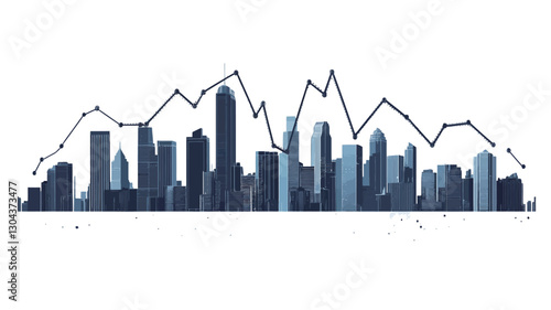 The image is a stylized illustration depicting a city skyline overlaid with a line graph representing stock market fluctuations. The skyline is composed of various-sized dark blue and light