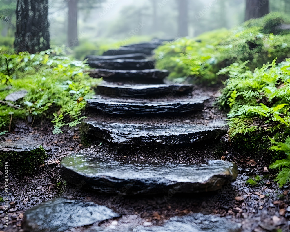 Stone steps, forest path, misty day Stone steps, forest path, misty day