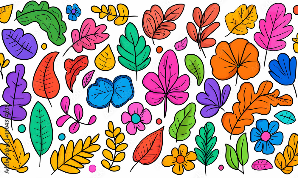Colorful Hand-Drawn Leaf and Flower Pattern on a White Background Colorful Hand-Drawn Leaf and Flower Pattern on a White Background