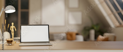 Wallpaper Mural A white screen laptop on wooden table under the lamp light and moon light. Study or working at night. Torontodigital.ca