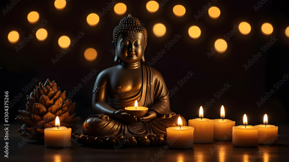 Fototapeta premium Golden Buddha statue on tabletop with black and gold bokeh light background.