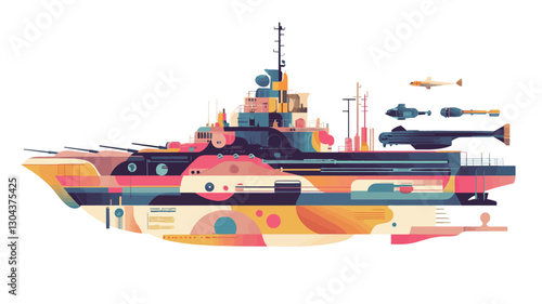 A stylized illustration of a warship depicted in a vibrant, abstract style. The image uses geometric shapes and a bold color palette of blues, oranges, yellows, and reds.  The warship's