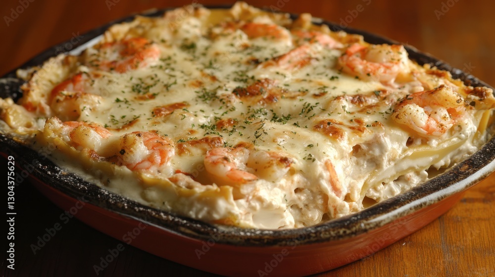 A rich seafood lasagna with layers of creamy bchamel sauce, shrimp, and crab, baked to perfection. A rich seafood lasagna with layers of creamy bchamel sauce, shrimp, and crab, baked to perfection.