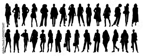 Set of different business women Silhouettes. Modern business ladies standing, walking full length. Monochrome outline black Vector illustration isolated on white background . Avatar, icon, symbol.