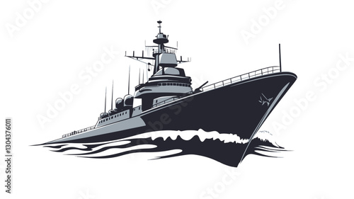 A stylized grayscale illustration of a warship cutting through waves at sea. The vessel is depicted from a three-quarter perspective, showcasing its hull, superstructure, and weaponry. The