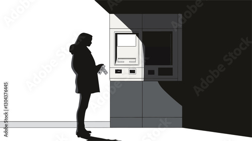 The image is a grayscale vector illustration depicting the silhouette of a person, presumably a woman, standing in front of an ATM.  The person is positioned to the left of the frame,
