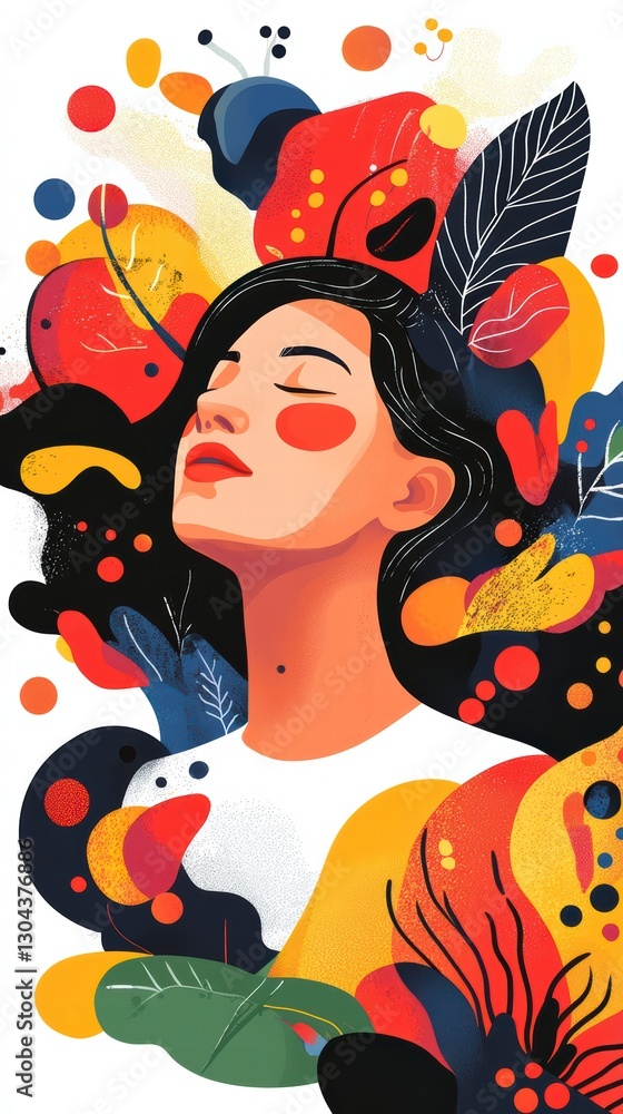 Serenity in Bloom: A woman with closed eyes embraces the beauty and tranquility of nature, her face bathed in a warm glow, surrounded by a kaleidoscope of colorful floral and abstract designs. Serenity in Bloom: A woman with closed eyes embraces the beauty and tranquility of nature, her face bathed in a warm glow, surrounded by a kaleidoscope of colorful floral and abstract designs.