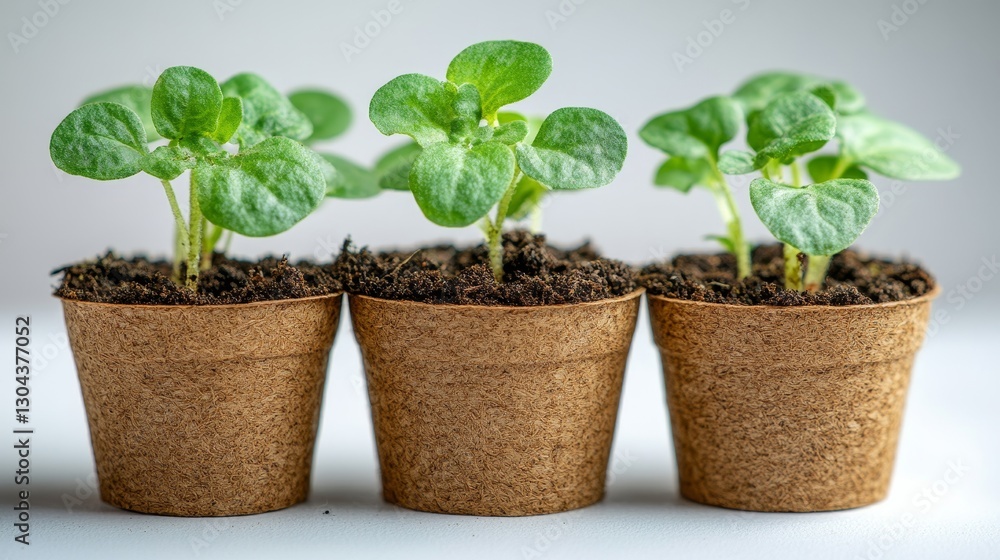 closeup seedlings in peat pots in a row on white background closeup seedlings in peat pots in a row on white background