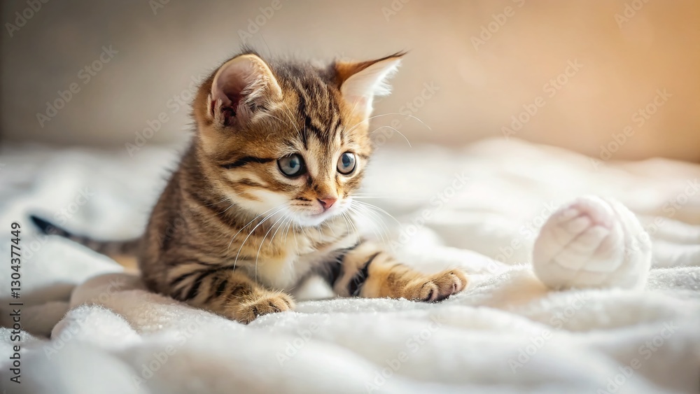 Adorable Tabby Kitten Playing with Mouse Toy on Bed Blanket Adorable Tabby Kitten Playing with Mouse Toy on Bed Blanket