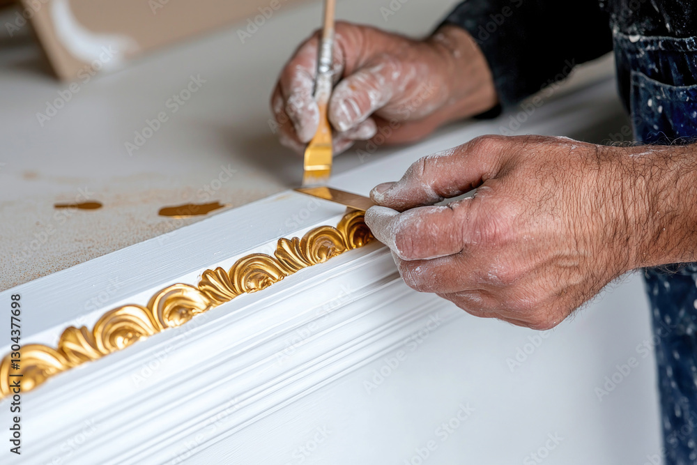 Obraz premium Artisan craftsmanship: close-up of skilled hands detailing gold trim in minimalist design for art projects and decorative inspiration