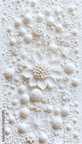 White floral relief sculpture on textured background