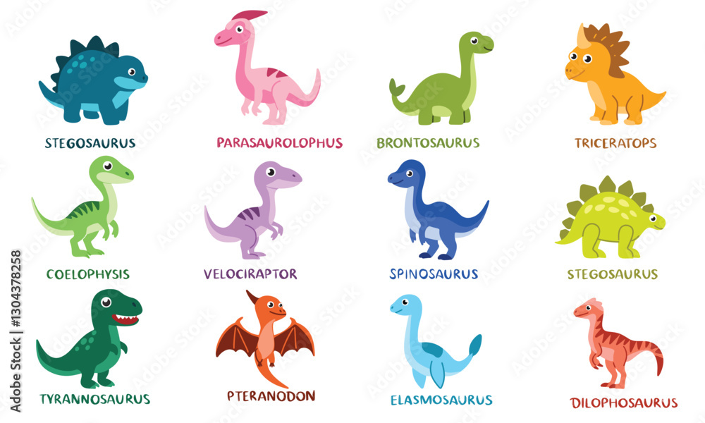Obraz premium Big collection of dinosaurs in flat style. Hand drawn vector art.