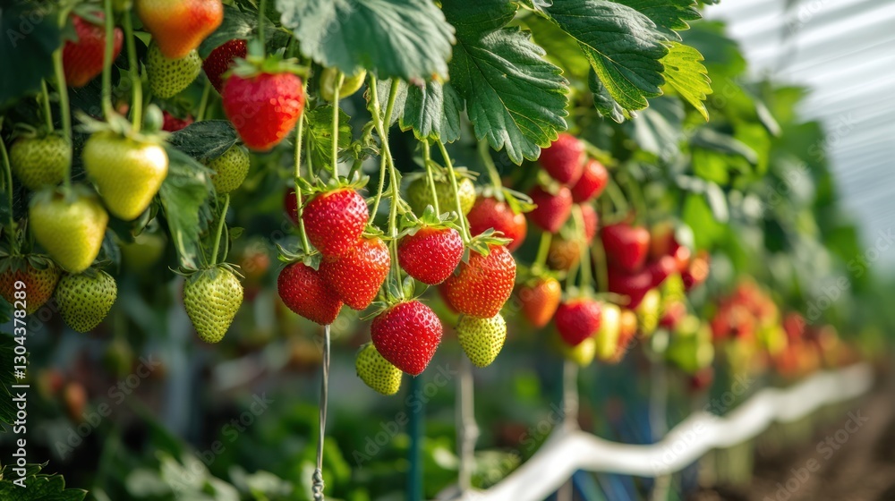 Obraz premium Rows of Strawberry Plants in Greenhouse