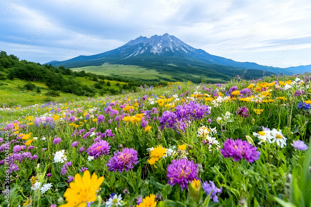 Wildflowers bloom beneath majestic mountain Wildflowers bloom beneath majestic mountain