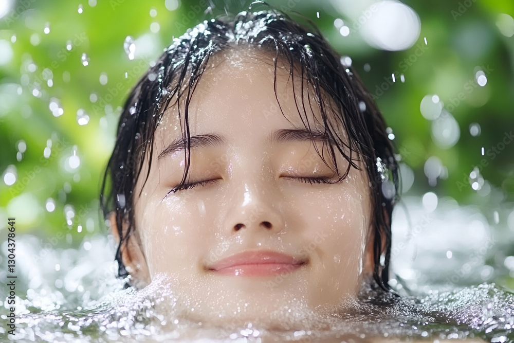 Fototapeta premium Woman enjoying serene water shower, lush foliage