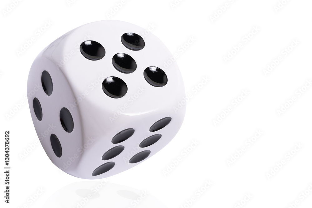 Isolated large white die or dice with black dots on white background, template of die or dice, gambling addiction or table game concept, copy space Isolated large white die or dice with black dots on white background, template of die or dice, gambling addiction or table game concept, copy space